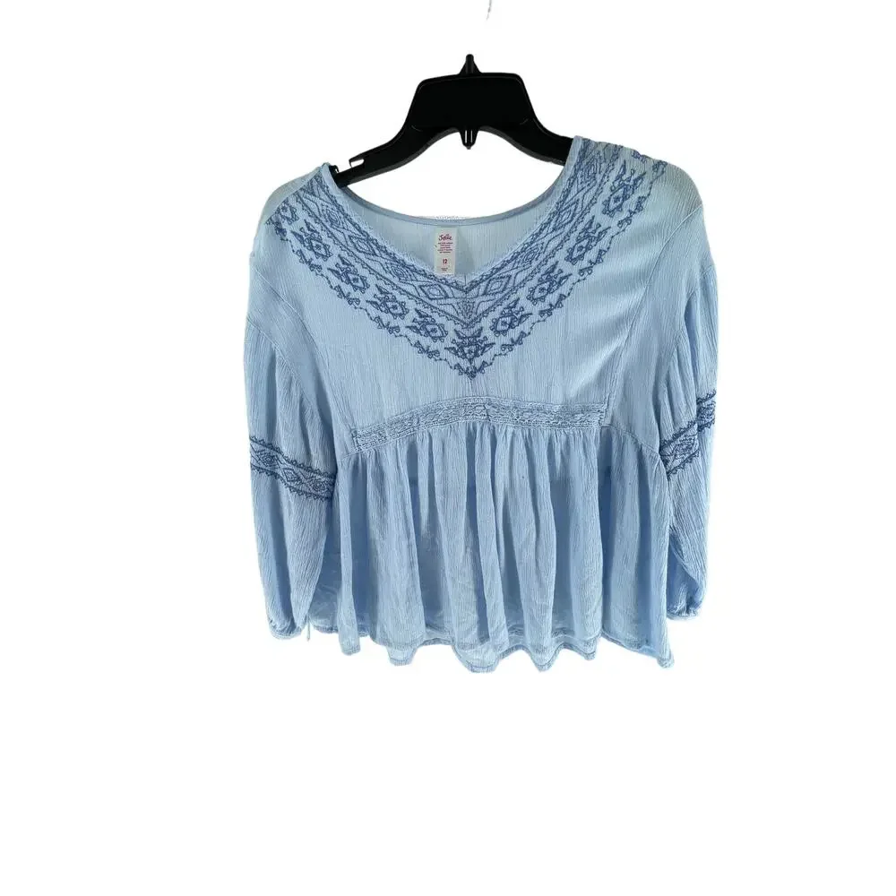 Justice Girls Blue Embroidered Long Sleeve Top Youth Size 12
